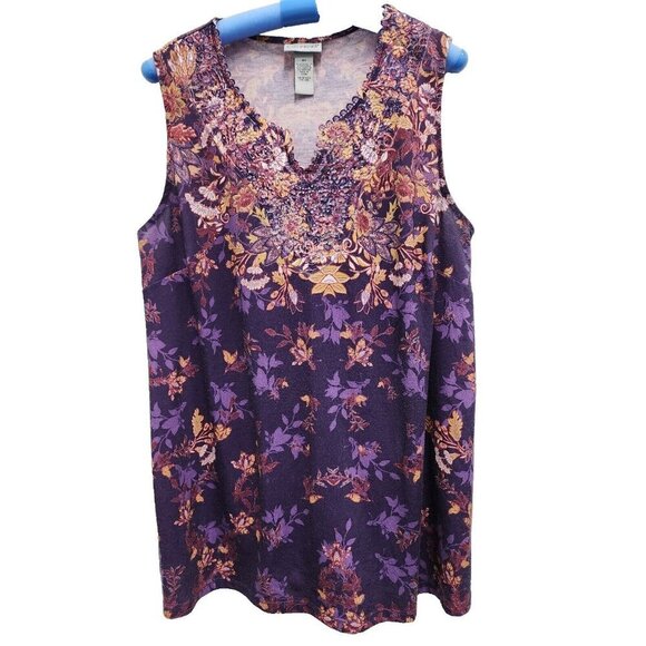 Catherines Womens Tank Top Size 0X Purple Floral Lace Neck Rhinestones Tunic - Picture 1 of 7